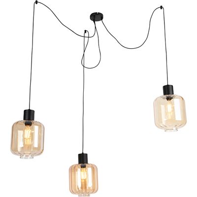 Qazqa - Diseño Lámpara Colgante De Diseño Negra Con Cristal Ámbar 3 Luces 226 Cm - Qara Aluminio /vidrio /acero Alargada Adecuado Para Led Max. 3 X 60 Watt Qazqa - Diseño Lámpara Colgante De Diseño Negra Con Cristal Ámbar 3 Luces 226 Cm - Qara Aluminio /vidrio /acero Alargada Adecuado Para Led Max. 3 X 60 Watt