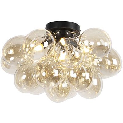 Qazqa - Diseño Plafón De Diseño Negro Con Cristal Ámbar 4 Luces - Uvas Vidrio /acero Esfera Adecuado Para Led Max. 4 X 28 Watt Qazqa - Diseño Plafón De Diseño Negro Con Cristal Ámbar 4 Luces - Uvas Vidrio /acero Esfera Adecuado Para Led Max. 4 X 28 Watt