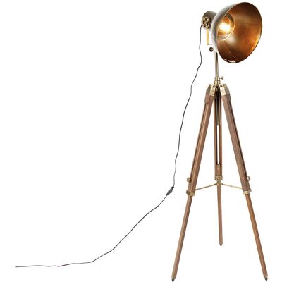 Qazqa Industrial Lámpara De Pie Industrial Trípode Bronce Con Madera - Mangos /acero Alargada Adecuado Para Led Max. 1 X 40 Watt Qazqa Industrial Lámpara De Pie Industrial Trípode Bronce Con Madera - Mangos /acero Alargada Adecuado Para Led Max. 1 X 40 Watt