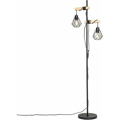 Qazqa Rústico Lámpara De Pie Rústica Negra Con Madera 2-luces - Chon Acero Alargada Adecuado Para Led Max. 2 X 40 Watt Qazqa Rústico Lámpara De Pie Rústica Negra Con Madera 2-luces - Chon Acero Alargada Adecuado Para Led Max. 2 X 40 Watt