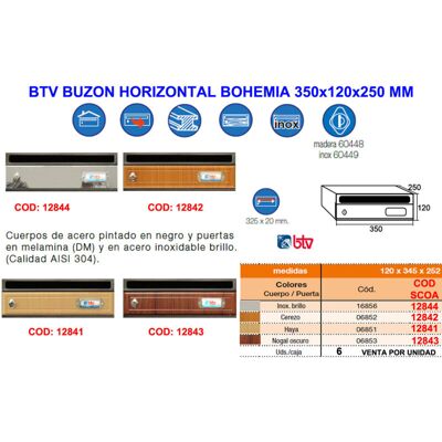 Btv Buzón Horizontal Bohemia 2 Cerezo 350x120x250 Mm Btv Buzón Horizontal Bohemia 2 Cerezo 350x120x250 Mm