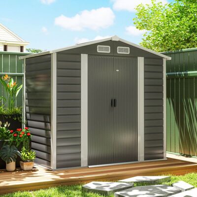 Caseta De Jardín Exterior 2,36m² 213x120x194 Cm Con Base Refuerzo (suelo No Incluido) Puertas Correderas Dobles Candado Ventanas Gris Oscuro - Outsunny Caseta De Jardín Exterior 2,36m² 213x120x194 Cm Con Base Refuerzo (suelo No Incluido) Puertas Correderas Dobles Candado Ventanas Gris Oscuro - Outsunny
