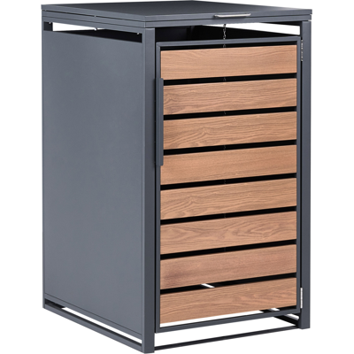 BELIANI Cobertizo De Metal Para Cubo De Basura De 240 Litros Exterior Apertura Superior Con Cadena Acabado Imitación Madera Acero Galvanizado Gris Oscuro Policoro BELIANI Cobertizo De Metal Para Cubo De Basura De 240 Litros Exterior Apertura Superior Con Cadena Acabado Imitación Madera Acero Galvanizado Gris Oscuro Policoro