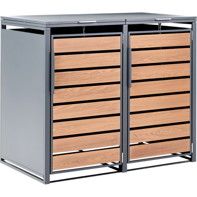 BELIANI Cobertizo Doble De Metal Para Cubos De Basura De 480 Litros Exterior Apertura Superior Con Cadena Acabado Imitación Madera Acero Galvanizado Gris Oscuro Policoro BELIANI Cobertizo Doble De Metal Para Cubos De Basura De 480 Litros Exterior Apertura Superior Con Cadena Acabado Imitación Madera Acero Galvanizado Gris Oscuro Policoro