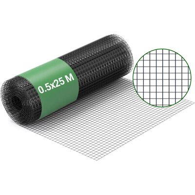 Wiltec - Malla De Alambre Cuadrada 12x12mm De Color Negro, Rollo 25m Y Altura 50cm, De Acero Galvanizado Wiltec - Malla De Alambre Cuadrada 12x12mm De Color Negro, Rollo 25m Y Altura 50cm, De Acero Galvanizado