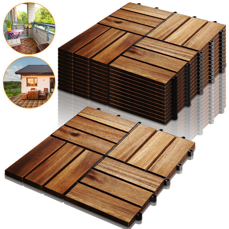 HENGDA 12 listones de madera, pisos de 3 m² hecho de madera de acacia 30x30 cm, clic en mosaico, baldosas perfectas para balcón de terraza de jardín (33