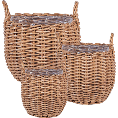BELIANI Set De 3 Cestas Para Plantas De Ratán Con Asas Color Marrón Aucuba BELIANI Set De 3 Cestas Para Plantas De Ratán Con Asas Color Marrón Aucuba