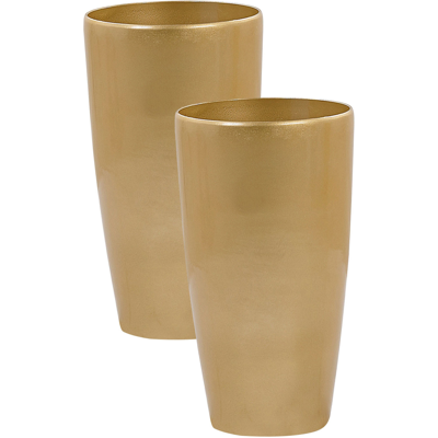 Beliani - Conjunto De 2 Macetas De Mezcla De Piedra Dorada 32 Cm Brillante Tseria Beliani - Conjunto De 2 Macetas De Mezcla De Piedra Dorada 32 Cm Brillante Tseria