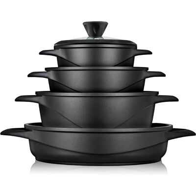 Briebe Mgk-17s Batería De Cocina Inducción 8 Piezas Aluminio Fundido 4 Ollas Con Tapa De Cristal Antiadherente Negro Briebe Mgk-17s Batería De Cocina Inducción 8 Piezas Aluminio Fundido 4 Ollas Con Tapa De Cristal Antiadherente Negro