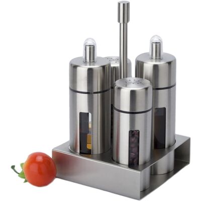 JUSCH Juego De Vinagreras, Botellas Dispensadoras De Aceite Y Vinagre De Acero Inoxidable Y Acrílico, Salero Y Pimentero, Soporte Para Servir Condimentos, 4 Piezas JUSCH Juego De Vinagreras, Botellas Dispensadoras De Aceite Y Vinagre De Acero Inoxidable Y Acrílico, Salero Y Pimentero, Soporte Para Servir Condimentos, 4 Piezas