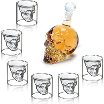 FORTUNEVILLE Juego De Vasos De Chupito De Calavera, Botella De Vino De Calavera Con 6 Vasos De Calavera 75ml, Perfecto Para Bebidas Coloridas FORTUNEVILLE Juego De Vasos De Chupito De Calavera, Botella De Vino De Calavera Con 6 Vasos De Calavera 75ml, Perfecto Para Bebidas Coloridas