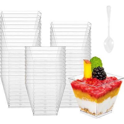 OEM Juego De 50 Vasos De Postre De 60 Ml De + 50 Cucharas, Cuadradas, Transparentes, Para Pudín/helado/cumpleaños OEM Juego De 50 Vasos De Postre De 60 Ml De + 50 Cucharas, Cuadradas, Transparentes, Para Pudín/helado/cumpleaños