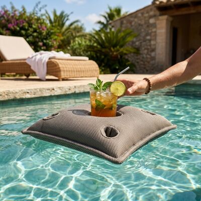 Cojín Bar Pool Party, 75x75x25 Cm, Con Huecos Para 4 Vasos Y 1 Botella, Resistente A Los Rayos Uv, Gris, Sin Poliestireno - Soo Santaï Cojín Bar Pool Party, 75x75x25 Cm, Con Huecos Para 4 Vasos Y 1 Botella, Resistente A Los Rayos Uv, Gris, Sin Poliestireno - Soo Santaï