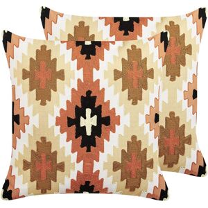BELIANI Conjunto De 2 Cojines De Algodón Beige Marrón Negro Blanco 50 X 50 Cm Serampore BELIANI Conjunto De 2 Cojines De Algodón Beige Marrón Negro Blanco 50 X 50 Cm Serampore