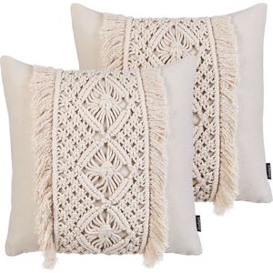 Beliani Juego de 2 Cojines de Algodón Beige con Macramé - Decoración Beliani Juego de 2 Cojines de Algodón Beige con Macramé - Decoración