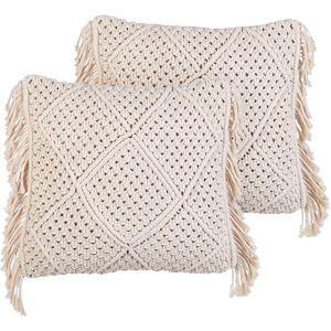 BELIANI Conjunto De 2 Cojines De Algodón Con Relleno Macramé Patrón Boho Retro Flecos 45 X 45 Cm Beige Besham BELIANI Conjunto De 2 Cojines De Algodón Con Relleno Macramé Patrón Boho Retro Flecos 45 X 45 Cm Beige Besham