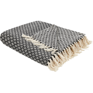 BELIANI Manta De Algodón Motivo Geométrico Accesorio Tejido A Mano 220 X 240 Cm Flecos Blanco Y Negro Chyama BELIANI Manta De Algodón Motivo Geométrico Accesorio Tejido A Mano 220 X 240 Cm Flecos Blanco Y Negro Chyama