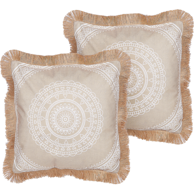 Beliani Juego de 2 Cojines de Poliéster Beige y Blanco - Decoración de Salón Beliani Juego de 2 Cojines de Poliéster Beige y Blanco - Decoración de Salón