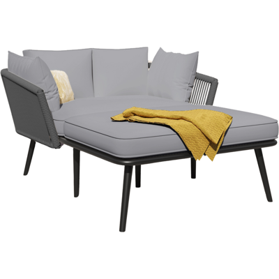 STILVORA Tumbona Doble Con Cojín 10 Cm Y 2 Almohadas, Respaldo De Cuerda Trenzada, En Poliéster Gris STILVORA Tumbona Doble Con Cojín 10 Cm Y 2 Almohadas, Respaldo De Cuerda Trenzada, En Poliéster Gris