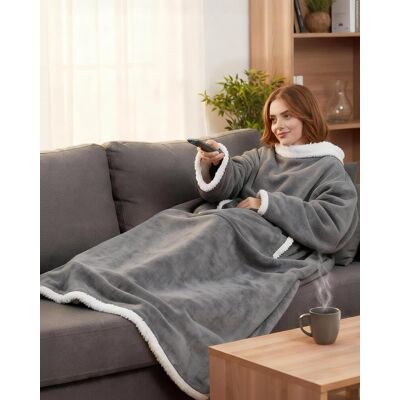 OEM Manta De Doble Capa De 170x120 Cm, De Franela Con Mangas Y Bolsillos, Color Gris. OEM Manta De Doble Capa De 170x120 Cm, De Franela Con Mangas Y Bolsillos, Color Gris.