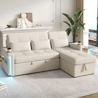 DREAMMESPACE Sofá Cama De 3 Plazas - 209 X 141,5 X 90 Cm - Sofá Cama Con Led Y Puertos Usb - Respaldo Ajustable Con Cojines - Chenilla Beige DREAMMESPACE Sofá Cama De 3 Plazas - 209 X 141,5 X 90 Cm - Sofá Cama Con Led Y Puertos Usb - Respaldo Ajustable Con Cojines - Chenilla Beige