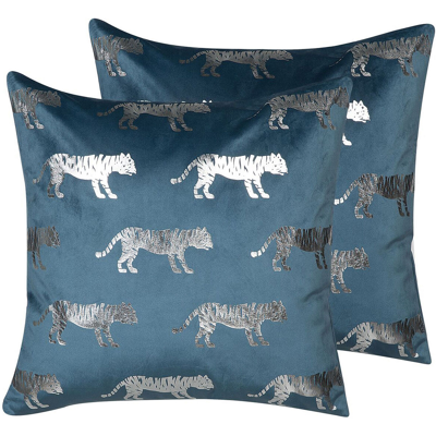Beliani Juego de 2 cojines decorativos - Terciopelo azul con tigre Beliani Juego de 2 cojines decorativos - Terciopelo azul con tigre