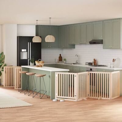 Puerta para perros plegable 12 paneles madera de álamo - Cerca para mascotas - Natural Puerta para perros plegable 12 paneles madera de álamo - Cerca para mascotas - Natural