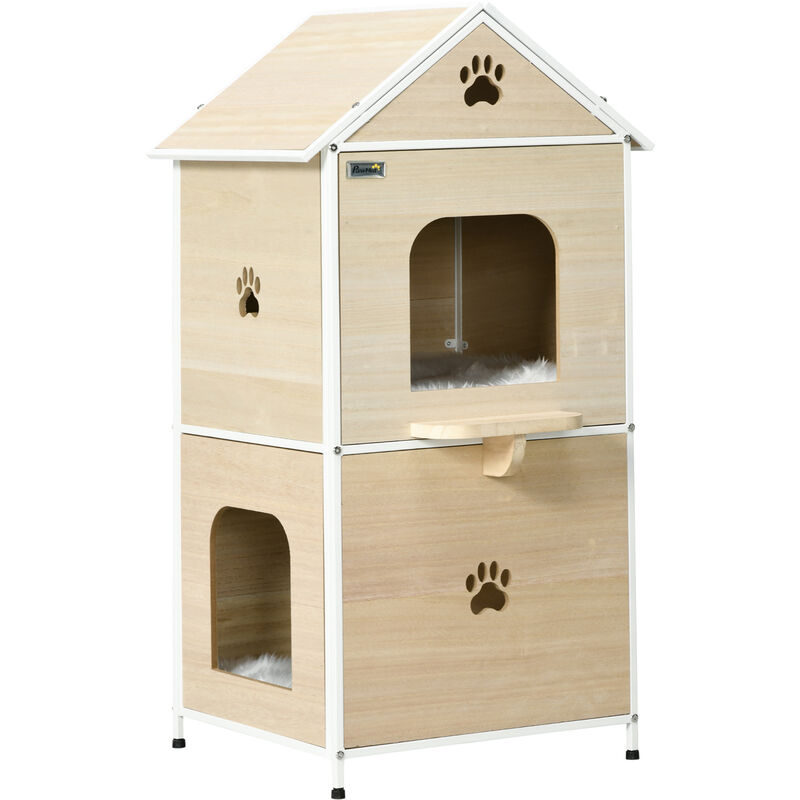 PawHut Caseta para gatos de madera cama rascador para gatos estilo cabaña con 2 cojines lavables y plataforma lateral 47x40x90 cm natural - Pawhut