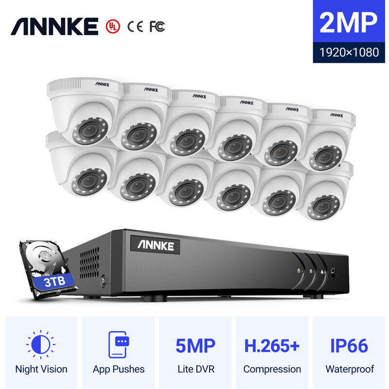 ANNKE Kit cámara de vigilancia 16CH 5 en 1 dvr 5MP grabadora + 12 cámara domo hd 1080P exterior visión nocturna de 20m – con disco duro de 3 tb - Annke
