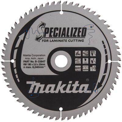 Makita - B-33847 Hoja De Sierra Circular Specialized Tct 190x20mm 60t Laminado Makita - B-33847 Hoja De Sierra Circular Specialized Tct 190x20mm 60t Laminado
