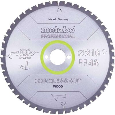 Hoja de sierra circular Metabo 216mm - 48D para corte de madera inalámbrico Hoja de sierra circular Metabo 216mm - 48D para corte de madera inalámbrico