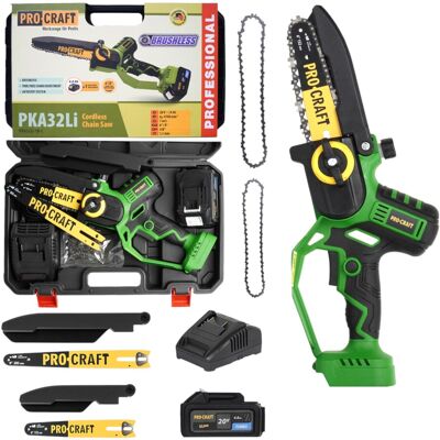 Motosierra A Batería Procraft Pka32li 20 V 203 Mm Sin Escobillas + 1 Batería De 4,0 Ah + Cargador + Maletín Motosierra A Batería Procraft Pka32li 20 V 203 Mm Sin Escobillas + 1 Batería De 4,0 Ah + Cargador + Maletín