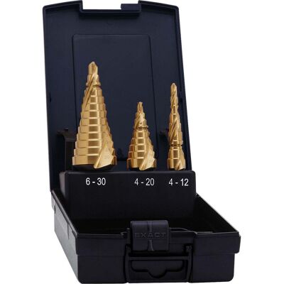 Exact Set De Brocas Escalonadas Ø 4-12/4-20/6-30 Mm, Ranura Espiral, Hss-tin, 3 Piezas. Exact Set De Brocas Escalonadas Ø 4-12/4-20/6-30 Mm, Ranura Espiral, Hss-tin, 3 Piezas.