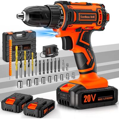 OEM Taladro Atornillador Inalámbrico De 20 V, Destornillador Inalámbrico Con 2 Baterías De 2,0 Ah, 42 Nm, 25+1 Ajustes De Par, 2 Velocidades, Luz Led, 24 Accesorios Y Maletín De Transporte, Para Bricolaje OEM Taladro Atornillador Inalámbrico De 20 V, Destornillador Inalámbrico Con 2 Baterías De 2,0 Ah, 42 Nm, 25+1 Ajustes De Par, 2 Velocidades, Luz Led, 24 Accesorios Y Maletín De Transporte, Para Bricolaje