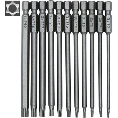 OEM Juego De 11 Puntas Torx Largas Para Destornilladores Y Taladros Eléctricos - Puntas Magnéticas - Vástago Hexagonal De 1/4" - Tamaños T6 A T40 - Longitud 100 Mm - Crezuo OEM Juego De 11 Puntas Torx Largas Para Destornilladores Y Taladros Eléctricos - Puntas Magnéticas - Vástago Hexagonal De 1/4" - Tamaños T6 A T40 - Longitud 100 Mm - Crezuo