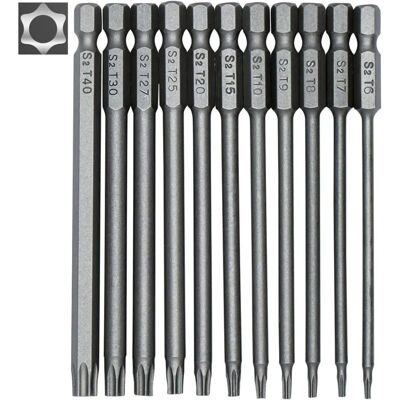 FOCTRO Juego De 11 Puntas Torx Largas Para Destornilladores Y Taladros Eléctricos - Puntas Magnéticas - Vástago Hexagonal De 6 Mm (1/4") - Tamaños T6 A T40 - Longitud: 100 Mm FOCTRO Juego De 11 Puntas Torx Largas Para Destornilladores Y Taladros Eléctricos - Puntas Magnéticas - Vástago Hexagonal De 6 Mm (1/4") - Tamaños T6 A T40 - Longitud: 100 Mm