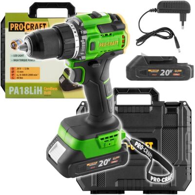 Taladro Atornillador A Batería Procraft Pa18lih-1b-c 20 V 80 Nm Sin Escobillas + 1 Batería De 2,0 Ah + Cargador + Maletín Taladro Atornillador A Batería Procraft Pa18lih-1b-c 20 V 80 Nm Sin Escobillas + 1 Batería De 2,0 Ah + Cargador + Maletín