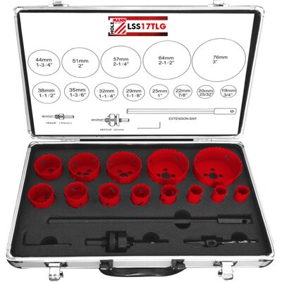 Juego de Brocas de Corona Holzmann LSS17TLG - 19-76mm, Adaptadores HEX, Extensión, Maletín Juego de Brocas de Corona Holzmann LSS17TLG - 19-76mm, Adaptadores HEX, Extensión, Maletín