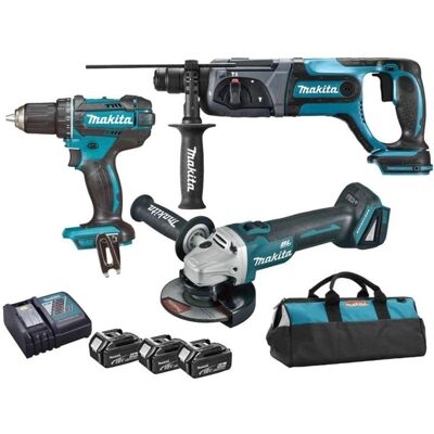 Set de herramientas eléctricas Makita DLX3078TX1 - Amoladora sin cable 18V, Martillo, Atornillador, 3 Baterías Set de herramientas eléctricas Makita DLX3078TX1 - Amoladora sin cable 18V, Martillo, Atornillador, 3 Baterías
