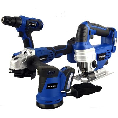 Pack D'Outils 18v - Hyundai Hpack18v4 - Perceuse + Meuleuse + Scie Sauteuse - Ponceuse - 2 Batteries 1,5ah Et Chargeur Inclus Pack D'Outils 18v - Hyundai Hpack18v4 - Perceuse + Meuleuse + Scie Sauteuse - Ponceuse - 2 Batteries 1,5ah Et Chargeur Inclus