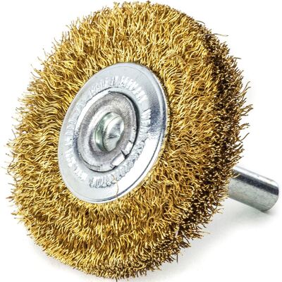 Cepillo de alambre de latón LESSMANN - Diámetro 70 mm, Eje 6 mm, Desbarbado ligero Cepillo de alambre de latón LESSMANN - Diámetro 70 mm, Eje 6 mm, Desbarbado ligero