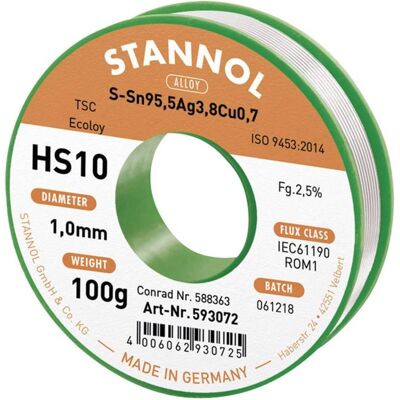 Hilo de soldar sin plomo Stannol HS10 2510 - Alta calidad Sn95.5/Ag3.8/Cu0.7 Hilo de soldar sin plomo Stannol HS10 2510 - Alta calidad Sn95.5/Ag3.8/Cu0.7