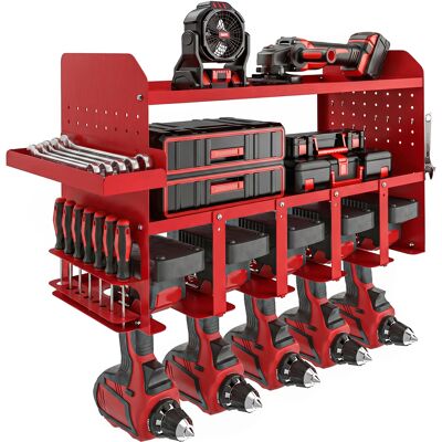 Outsunny Organizador De Herramientas Eléctricas De Jardín De Pared Para 5 Taladros Con Bandeja Lateral Y 4 Ganchos, Para Garaje, Taller, Rojo Outsunny Organizador De Herramientas Eléctricas De Jardín De Pared Para 5 Taladros Con Bandeja Lateral Y 4 Ganchos, Para Garaje, Taller, Rojo