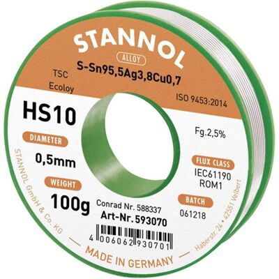 Hilo de soldar sin plomo HS10 2510 - Sn95.5Ag3.8Cu0.7 - 0.5mm - 100g Hilo de soldar sin plomo HS10 2510 - Sn95.5Ag3.8Cu0.7 - 0.5mm - 100g