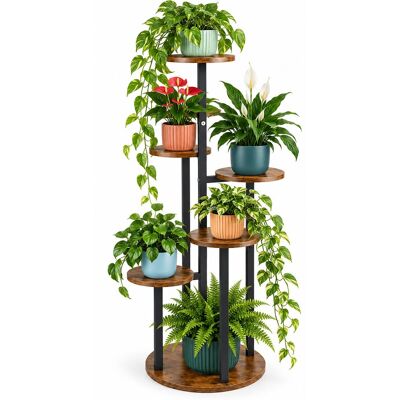 Relaxdays Soporte De Plantas, 6 Niveles Redondos, (al X An X Fon): 116 X 54 X 54 Cm, Interior, Industrial, Negro/marrón Relaxdays Soporte De Plantas, 6 Niveles Redondos, (al X An X Fon): 116 X 54 X 54 Cm, Interior, Industrial, Negro/marrón