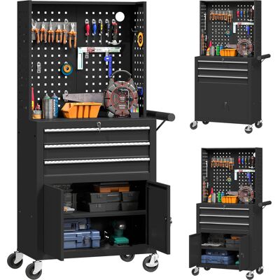 JHY DESIGN Carro De Taller De Acero De 3 Cajones, Carro De Herramientas Con Ruedas, Estante Ajustable, Panel Perforado, Color Negro. JHY DESIGN Carro De Taller De Acero De 3 Cajones, Carro De Herramientas Con Ruedas, Estante Ajustable, Panel Perforado, Color Negro.