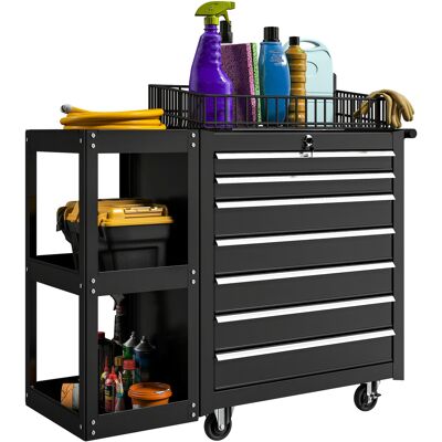 JHY DESIGN Carro De Taller/carro Para Herramientas Con 7 Cajones, Estante Lateral Extraíble, 4 Ruedas Con Freno, 96 X 33,5 X 75 Cm, Negro. JHY DESIGN Carro De Taller/carro Para Herramientas Con 7 Cajones, Estante Lateral Extraíble, 4 Ruedas Con Freno, 96 X 33,5 X 75 Cm, Negro.