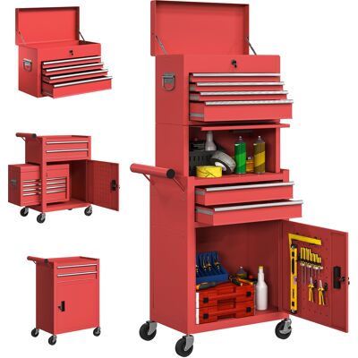 JHY DESIGN Carro De Herramientas De Acero Con Cerradura, 6 Cajones, 2 Armarios, Panel Perforado, Ruedas Y Asa, Color Rojo. JHY DESIGN Carro De Herramientas De Acero Con Cerradura, 6 Cajones, 2 Armarios, Panel Perforado, Ruedas Y Asa, Color Rojo.