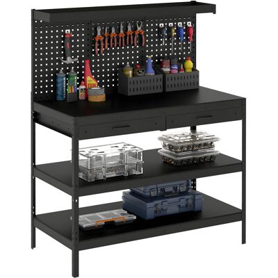 JHY DESIGN Banco De Trabajo Para Taller, Carga Máxima 272 Kg, 122 X 61 X 156 Cm, Panel Perforado, 2 Cajones Y 2 Estantes Ajustables, Color Negro. JHY DESIGN Banco De Trabajo Para Taller, Carga Máxima 272 Kg, 122 X 61 X 156 Cm, Panel Perforado, 2 Cajones Y 2 Estantes Ajustables, Color Negro.
