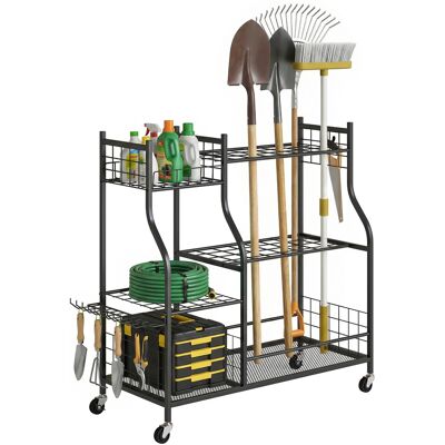 JHY DESIGN Organizador De Herramientas De Jardín De Acero De 3 Niveles, 32 Ranuras, 4 Ruedas, 11 Ganchos, 104x40x95cm, Negro JHY DESIGN Organizador De Herramientas De Jardín De Acero De 3 Niveles, 32 Ranuras, 4 Ruedas, 11 Ganchos, 104x40x95cm, Negro